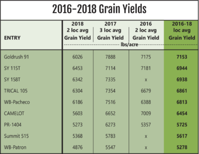 A trial data chart for Goldrush 91 triticale performance from 2016-2018.